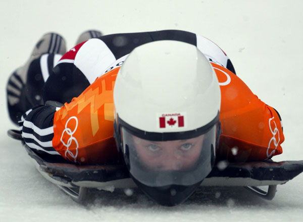 Canadian women's Skeleton rider Lindsay Alcock of Calgary slides down the track during competition Wednesday Feb. 20, at the 2002 Olympic Winter Games in Salt Lake City. (CP Photo/COA/Andre Forget).
