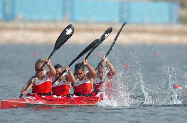 Canada's Karen Furneaux, Carrie Lightbound, Kamini Jain and Jillian D'Alessio paddle in the K4 500m final at the 2004 Summer Olympic Games in Athens on Friday, August 27, 2004. The women's K4 team came in eighth. (CP PHOTO/COC-Andre Forget)
