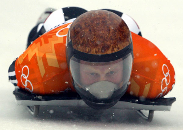 Canadian Men's skeleton rider Jeff Pain of Calgary slides down the track during competition Wednesday Feb. 20, at the 2002 Olympic Winter Games in Salt Lake City. (CP Photo/COA/Andre Forget).