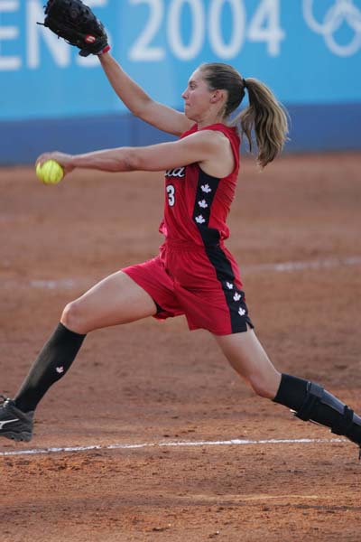 Canada's Lauren Bay pitches during the preliminary game against Taipei on August 14, 2004 at the Olympic Games in Athens.  (CP PHOTO)2004(COC-Mike Ridewood)