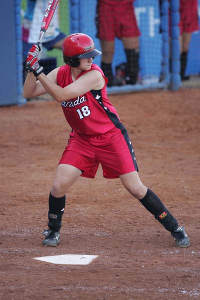 Canada's Erin Cumpstone gets ready to bat during the preliminary game against Taipei on August 14, 2004 at the Olympic Games in Athens. (CP PHOTO)2004(COC-Mike Ridewood)