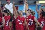 Canada's Jackie Lance gets ready to hit the ball during a practice game against Australia on August 11, 2004 at the Olympic Games in Athens. (CP PHOTO 2004/Andre Forget/COC)