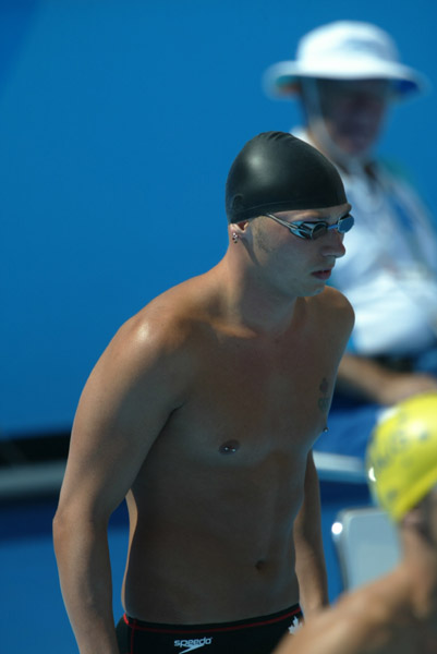 Canada's Morgan Knabe of Calgary gets ready to swim in the preliminaries of the 200 metre breaststroke at the Olympic Games in Athens, Tuesday, August 17, 2004. (CP PHOTO/COC-Mike Ridewood)