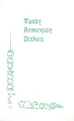 Cover of cookbook, TASTY ARMENIAN DISHES, with line drawings of vegetables and a kebab in the lower left corner