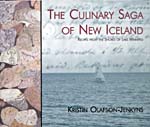 Cover of cookbook, THE CULINARY SAGA OF NEW ICELAND: RECIPES FROM THE SHORES OF LAKE WINNIPEG, with illustrations of a sailboat on a lake, handwritten text as a watermark and a band next to the spine showing rocks and shells