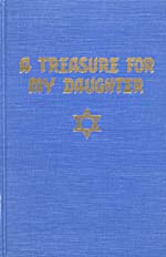 Cover of cookbook, A TREASURE FOR MY DAUGHTER; A REFERENCE BOOK OF JEWISH FESTIVALS WITH MENUS AND RECIPES, with a gold title and Star of David on a blue background