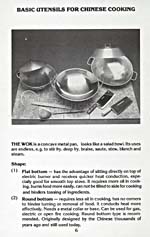 Page 6 of cookbook, WOK WITH YAN TELEVISION COOKBOOK, with a photograph of different types of woks and Chinese utensils and a text explaining the advantages and disadvantages of each