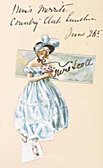 Handmade dinner card with an illustration of a young woman in a blue hooped dress, wearing a bonnet and carrying a bouquet of flowers. The card is inscribed MISS MERRIT'S COUNTRY CLUB LUNCHEON, JUNE 26TH, MRS. SCOTT