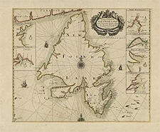 Carte intitluée A CHART OF YE LAND OF NEW FOUND LAND WITH YE PARTICULAR HARBOURS AT LARGE BY JOHN THORNTON HYDROGRAPHER, 1700