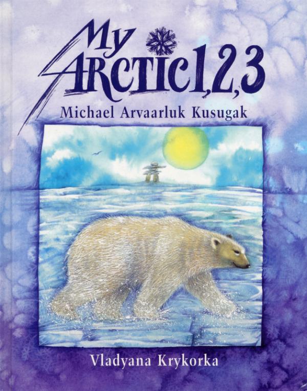 Book cover with an illustration of a polar bear walking in the foreground; in the background, a bird flying in the sky and an inukshuk visible on the horizon, under the sun