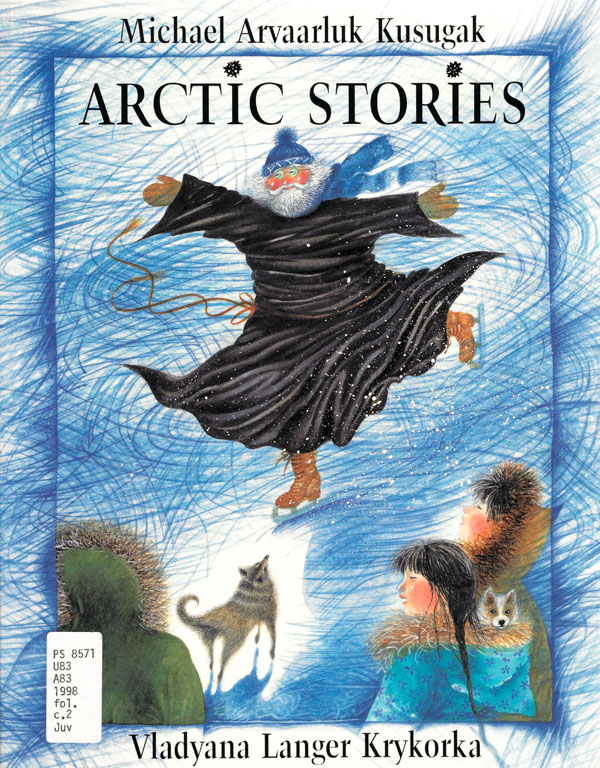 White book cover with an illustration of a robed man skating with arms extended while three children and two dogs look on