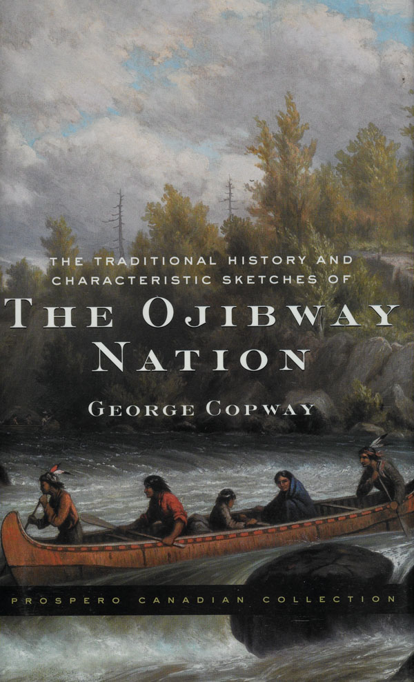 Book cover with a painting of five figures travelling through rapids in a canoe, with forest in the background