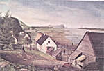 Aquarelle intitulée A VIEW OF THE CHÂTEAU RIVER, CAPE TORMENTS AND LOWER END OF THE ISLE OF ORLEANS NEAR QUEBEC, réalisée par Thomas Davies vers 1787, représentant une seigneurie près de Québec