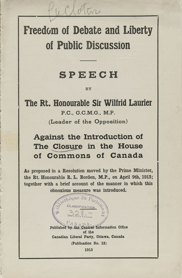 Couverture d'un discours de Sir Wilfrid Laurier intitulé FREEDOM OF DEBATE AND LIBERTY OF PUBLIC DISCUSSION, 1913