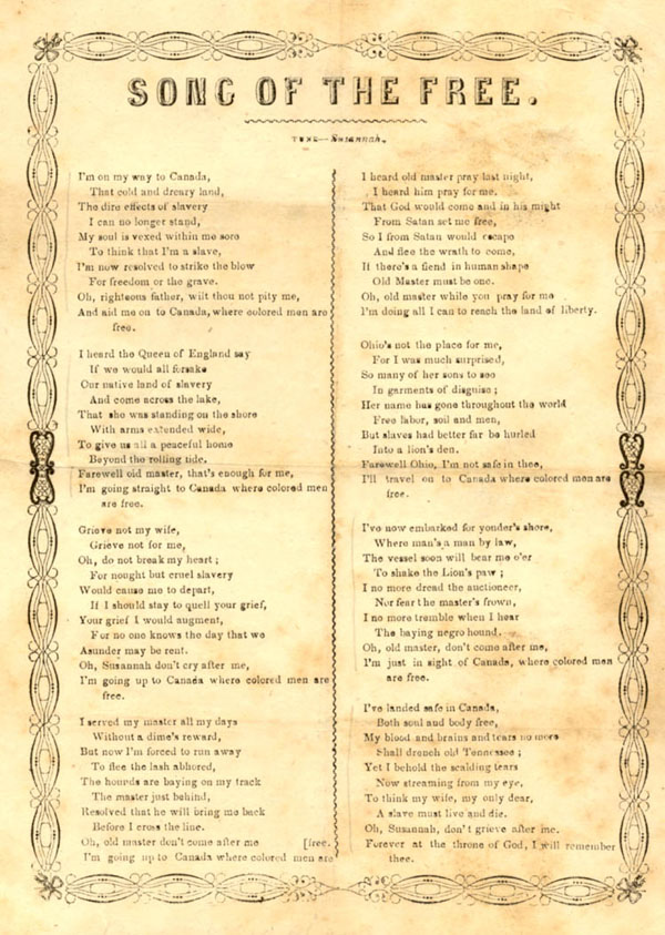 Page des paroles de la chanson SONG OF THE FREE comprenant huit versets décrivant une esclave fuyant au Canada, vers 1860