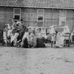 Groupe des infirmières et des soldats assis et debout en cercle tout en buvant leur thé.