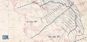 Detailed army barrage map showing the Canadian rolling barrage lines and times for the battle of Passchendaele.  Also shows the position of the Australia and New Zealand Army Corps.