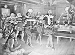 Lithographie représentant l'Ordre de Bon Temps montrant des hommes en vêtements du dix-septième siècle en train de porter des plats de nourriture pendant que des musiciens les regardent
