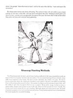 Page 13 of cookbook, FOODS OF THE SHUSWAP PEOPLE, featuring an illustration of a Shuswap hunter returning from hunting with his bow and arrow and a basket on his back filled with small game animals; and the continuation of a text on Shuswap hunting, trapping and snaring