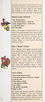 Page 17 of cookbook, CANADIAN CUISINE: NATIVE FOODS AND SOME MOUTH-WATERING WAYS TO PREPARE THEM, with two small illustrations and recipes for Hanson Lake Pickerel and Pile O'Bones Turkey