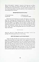 Page 138 du livre du cuisine OUT OF OLD NOVA SCOTIA KITCHENS donnant une recette de blanc manger à la mousse d'Irlande et présentant un texte sur la préparation de la gelée aux pattes de veau