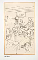 Page non numérotée du livre de cuisine FROM THE HEARTH: RECIPES FROM THE WORLD OF 18TH-CENTURY LOUISBOURG montrant un dessin au crayon qui représente trois femmes autour d'une table en train de préparer de la nourriture