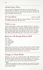 Page 170 du livre de cuisine FAVOURITE RECIPES FROM OLD NEW BRUNSWICK KITCHENS donnant des recettes de vin aux cerises de Virginie, de jambon salé, de levure, de saumure pour 100 livres de porc ou de bœuf, et de vinaigre