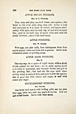 Page 190 du livre de cuisine THE HOME COOK BOOK présentant quatre recettes : Pouding au pain et aux pommes,  Pouding aux pommes, Pouding au sagou et aux pommes et Pouding aux bleuets