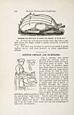 Page 414 of cookbook, THE HOUSEHOLD GUIDE: OR, DOMESTIC CYLOPEDIA…, with an illustration showing how to carve a turkey and a recipe for Stewed Chicken and Dumplings with accompanying illustration