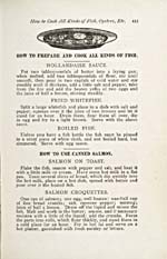Page 415 du livre de cuisine THE HOUSEHOLD GUIDE OR DOMESTIC CYLOPEDIA… qui indique comment préparer et cuire le poisson et comment utiliser le saumon en boîte ; dessin d'une assiette de poisson dans le haut de la page