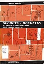 Cover of cookbook, SECRETS ET RECETTES DU CAHIER DE MA GRAND-MÈRE, with line drawings of fruits and vegetables, chicken and fish