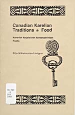 Cover of cookbook, CANADIAN KARELIAN TRADITIONS: FOOD, with a Karelian-style border and a drawing of a key on a ring
