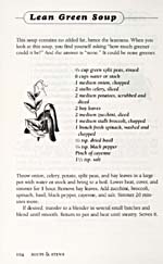 Page 104 du livre THE VEGETARIAN MANIFESTO donnant une recette de soupe maigre aux légumes verts, avec un dessin d'une tige de haricots