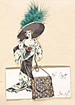 Handmade dinner card with an illustration of a woman in a long dress and fur-trimmed robe, wearing a wide feathered hat and carrying an oversized purse. The card is inscribed MR. SCOTT, JAN. 29TH