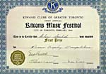First prize certificate for the piano trophy competition from the Kiwanis Music Festival, Toronto, 1944