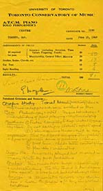 Front page of Toronto Conservatory of Music examination results, 1945