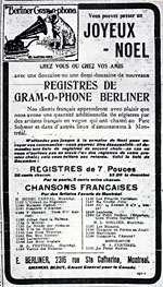 Advertisement for E. Berliner, Montréal, 1903, promoting their French recordings