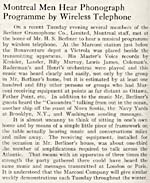 Article sur une démonstration donnée par la Compagnie Marconi au cours de laquelle les membres du personnel de la Berliner Gram-o-phone pouvaient écouter une émission musicale au moyen d'un téléphone sans fil, en décembre 1920