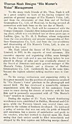 Article sur le départ de Thomas Nash de la Berliner Gram-o-phone Co., Ltd. of Montreal pour aller travailler à la Compo, en avril 1921