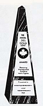 Illustration of Gold Leaf Award, reading THE ANNUAL RPM GOLD LEAF AWARD HONOURING DISTINGUISHED CANADIAN MUSIC FIGURES