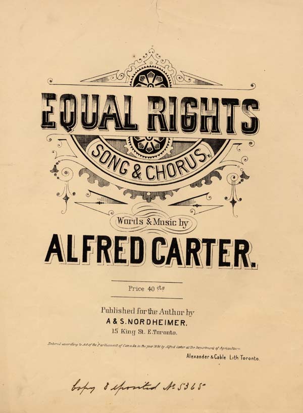 Title page of a song entitled EQUAL RIGHTS, by Alfred Carter, 1890
