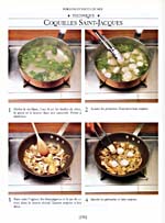 Page 158 du livre de cuisine L'ENCYCLOPÉDIE DE LA CUISINE DE JEHANE BENOIT expliquant la préparation des coquilles Saint-Jacques à l'aide d'illustrations