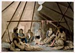 Engraving of a Cree family around a fire inside a tipi