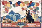 Colour poster Canadian produce set in a festive décor with balloons and presents, showing the Canadian coat of arms and Canadian symbols such as apples, a bear, and the Rockies; the text reads THE PRODUCE OF THE HOME COUNTRY CROWNS THE CHRISTMAS FEAST