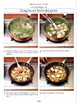 Page 158 of cookbook, L'ENCYCLOPÉDIE DE LA CUISINE DE JEHANE BENOIT, with illustrations and text showing how to prepare Coquilles Saint-Jacques