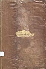 Cover of cookbook, COOKERY, in brown leather with embossing around the edges and a gold illustration of a covered serving dish 