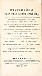 Title page of cookbook, LA CUISINIRE CANADIENNE