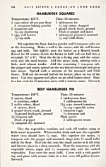 Page 144 of cookbook, KATE AITKEN'S CANADIAN COOK BOOK, with recipes for Hamburger Squares and Beef Hamburger Pie
