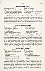 Page 145 of cookbook, KATE AITKEN'S CANADIAN COOK BOOK, with recipes for Hamburger Loaf, Broiled Hamburgers and Baked Beef Heart