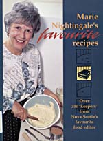 Cover of cookbook, MARIE NIGHTINGALE'S FAVOURITE RECIPES, with a photograph of Marie Nightingale mixing a cake